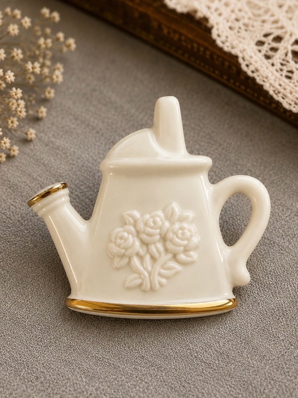 Lenox Vintage Signed Porcelain Watering Can with Gold Trim Brooch/Pin